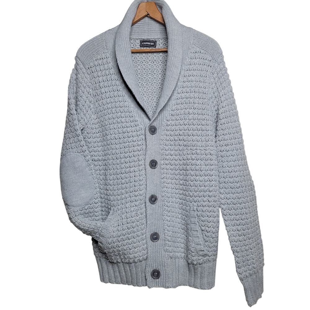 EXPRESS Womens Shawl Cardigan Gray Chunky Knit Elbow Patch Wool Blend Sweater✨️L